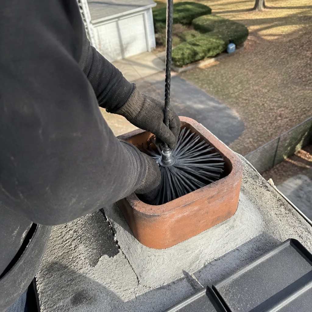 Professional chimney sweep cleaning a chimney flue with a wire brush
